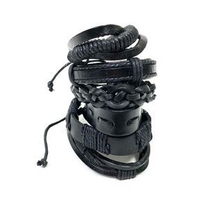 6 Black Dyed Leather Braided Adjustable Bracelets